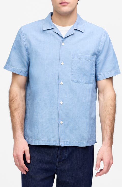 Chambray Short Sleeve Button-Up Shirt in Cotton-Linen Blend