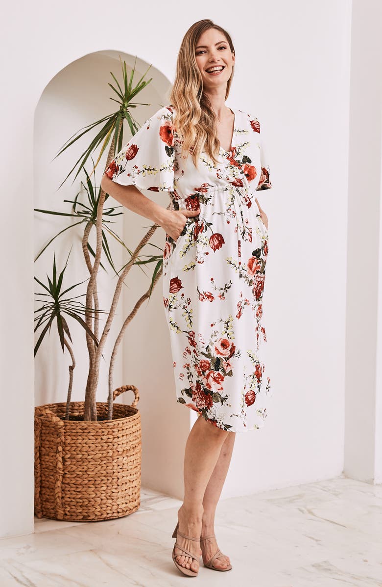 Angel Maternity Floral Drawstring Midi Maternity Dress, Alternate, color, 