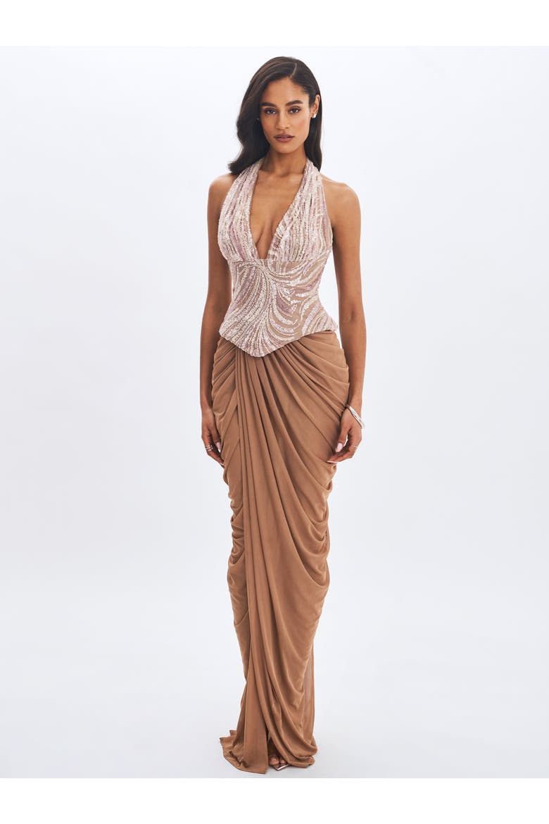 Nancie Beaded Halter Peplum Ruched Maxi Dress, Alternate, color, Apricot