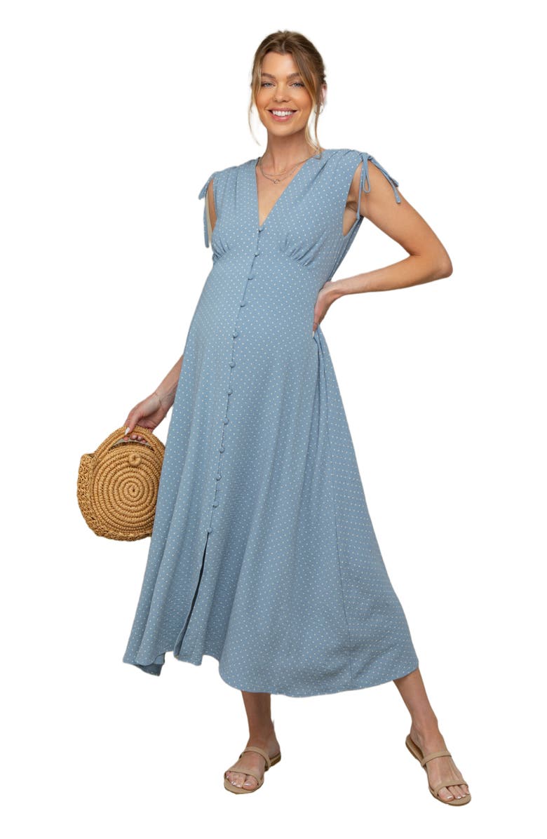 PinkBlush Button-Down Polka Dot Shirred Bow Midi Dress, Main, color, Blue