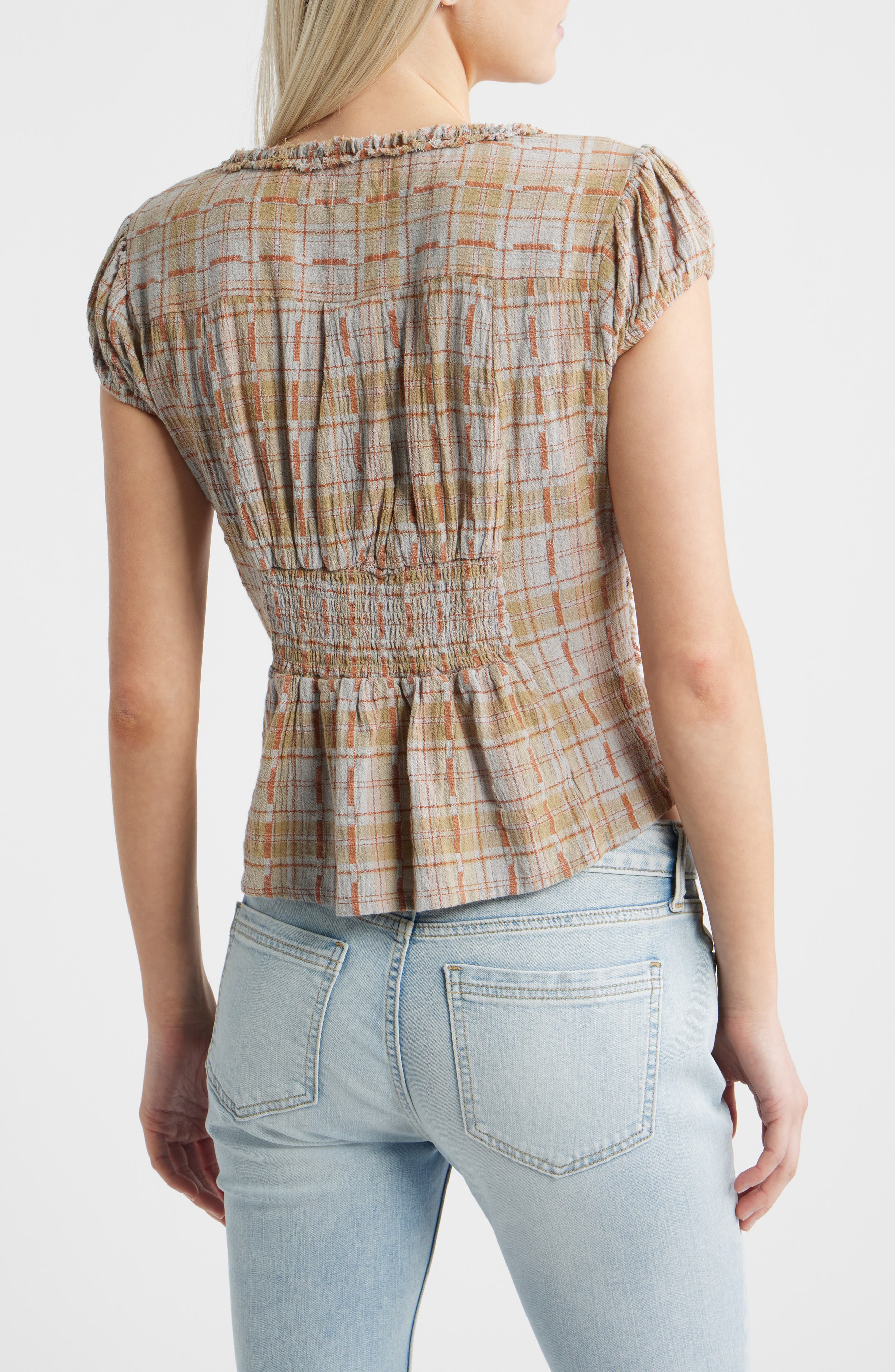 BDG Urban Outfitters Robyn Plaid Ruffle & Lace Trim Button-Up Top