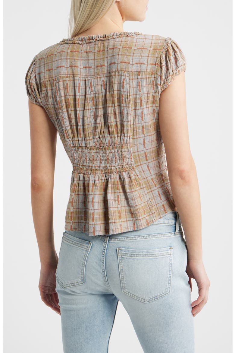 Robyn Plaid Ruffle & Lace Trim Button-Up Top, Alternate, color, BROWN