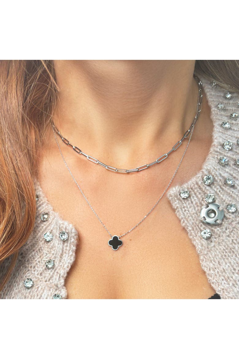 Small Onyx Single Clover Necklace, Alternate, color, White Gold