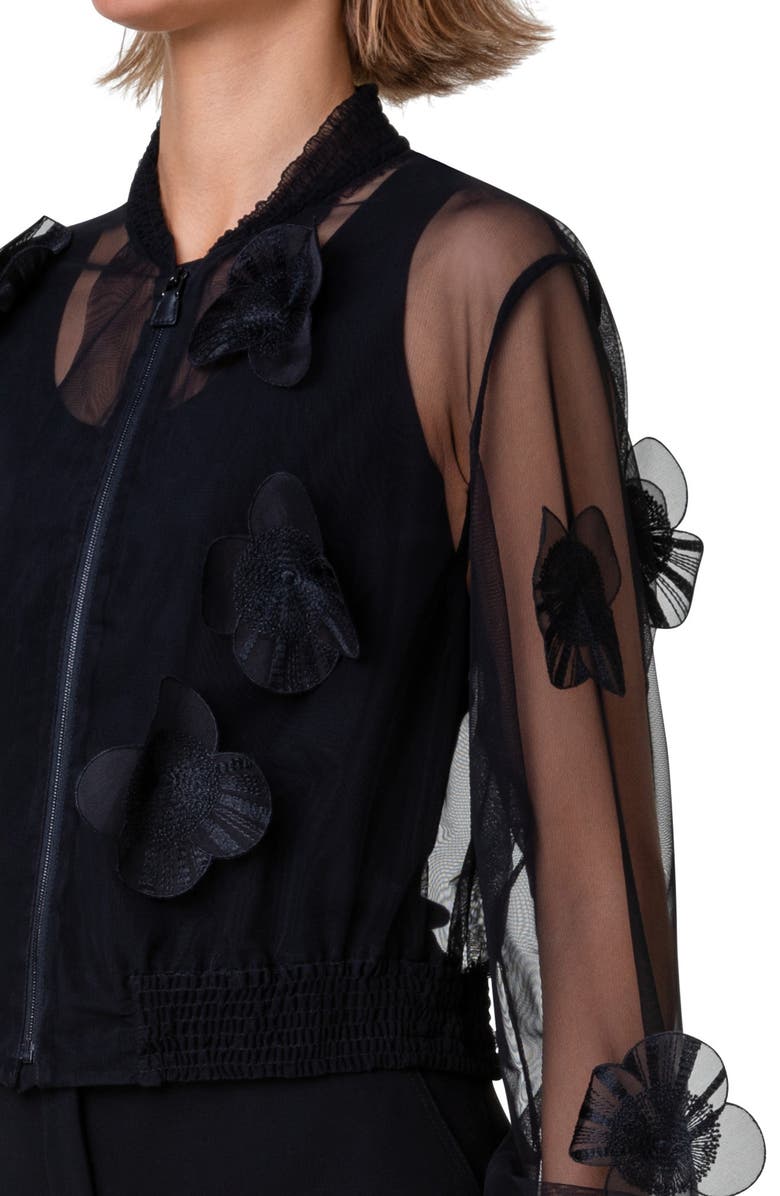 Akris Taida Poppy Appliqué Sheer Bomber Jacket, Alternate, color, Black
