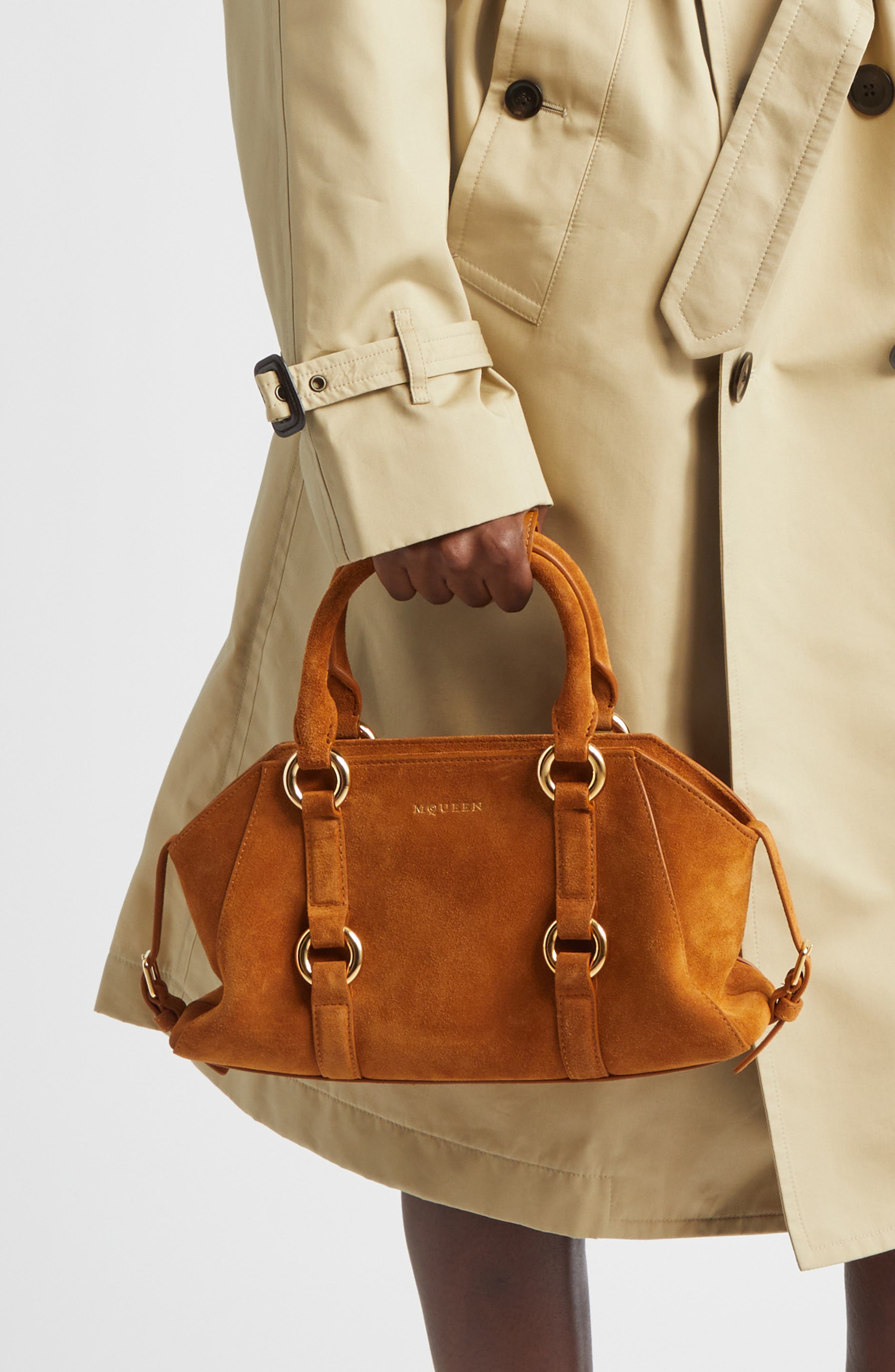 McQueen Small Farringdon Suede Satchel, Alternate, color, Tan/ Gold