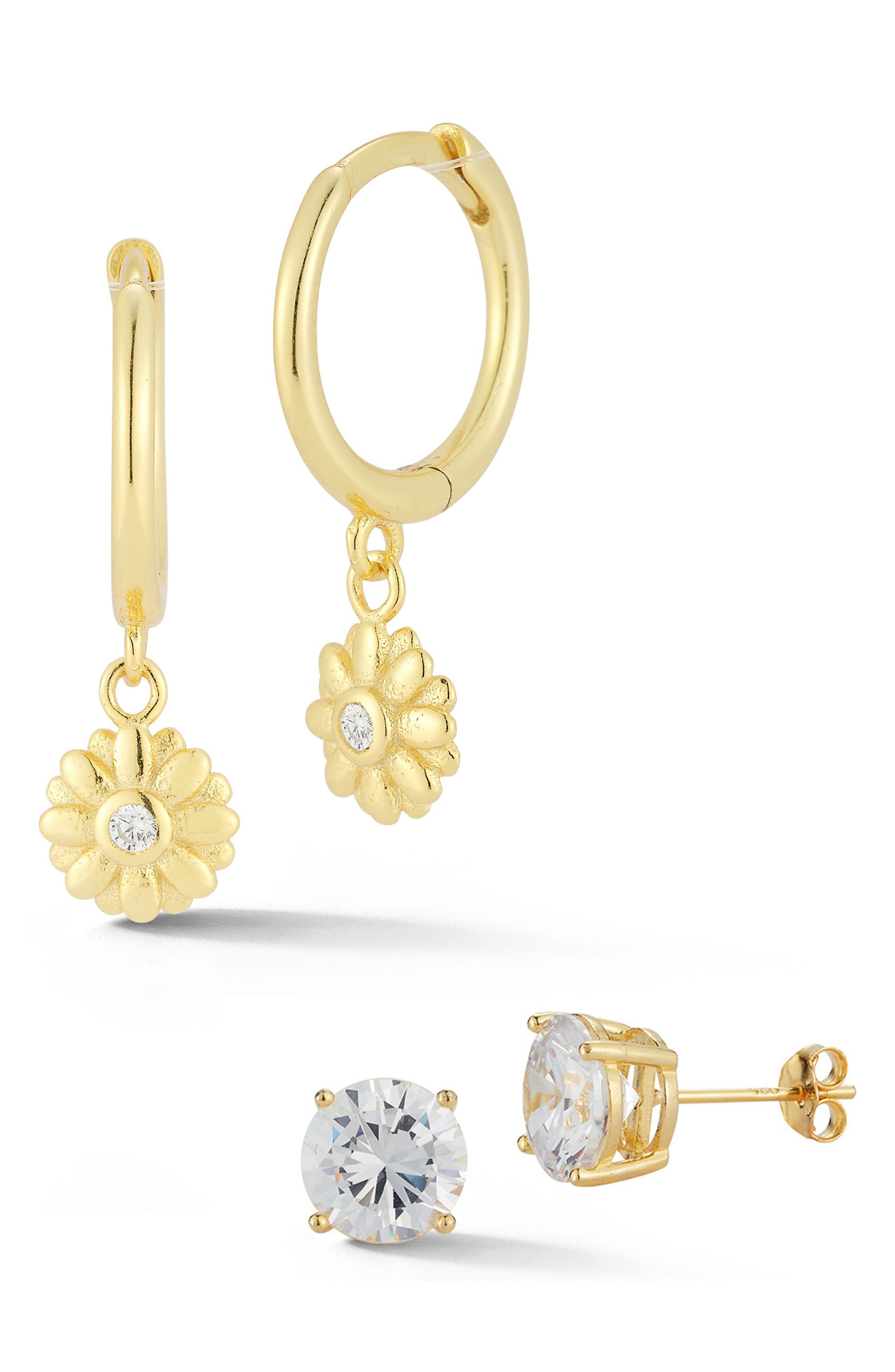 GLAZE JEWELRY Flower Dangle Huggie & CZ Stud Earrings Set
