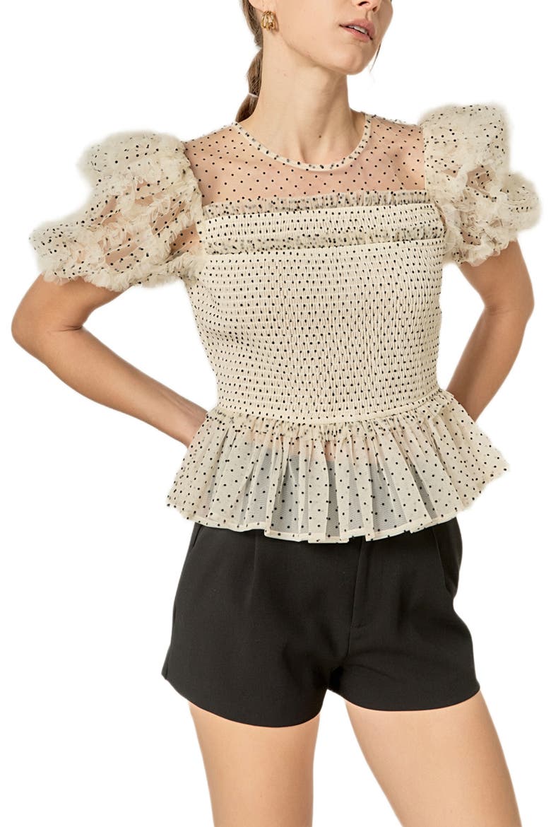 Dot Puff Sleeve Peplum Top, Main, color, WHITE/ BLACK