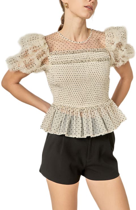Dot Puff Sleeve Peplum Top