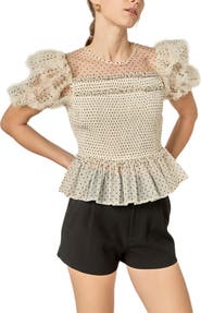 English Factory Dot Puff Sleeve Peplum Top