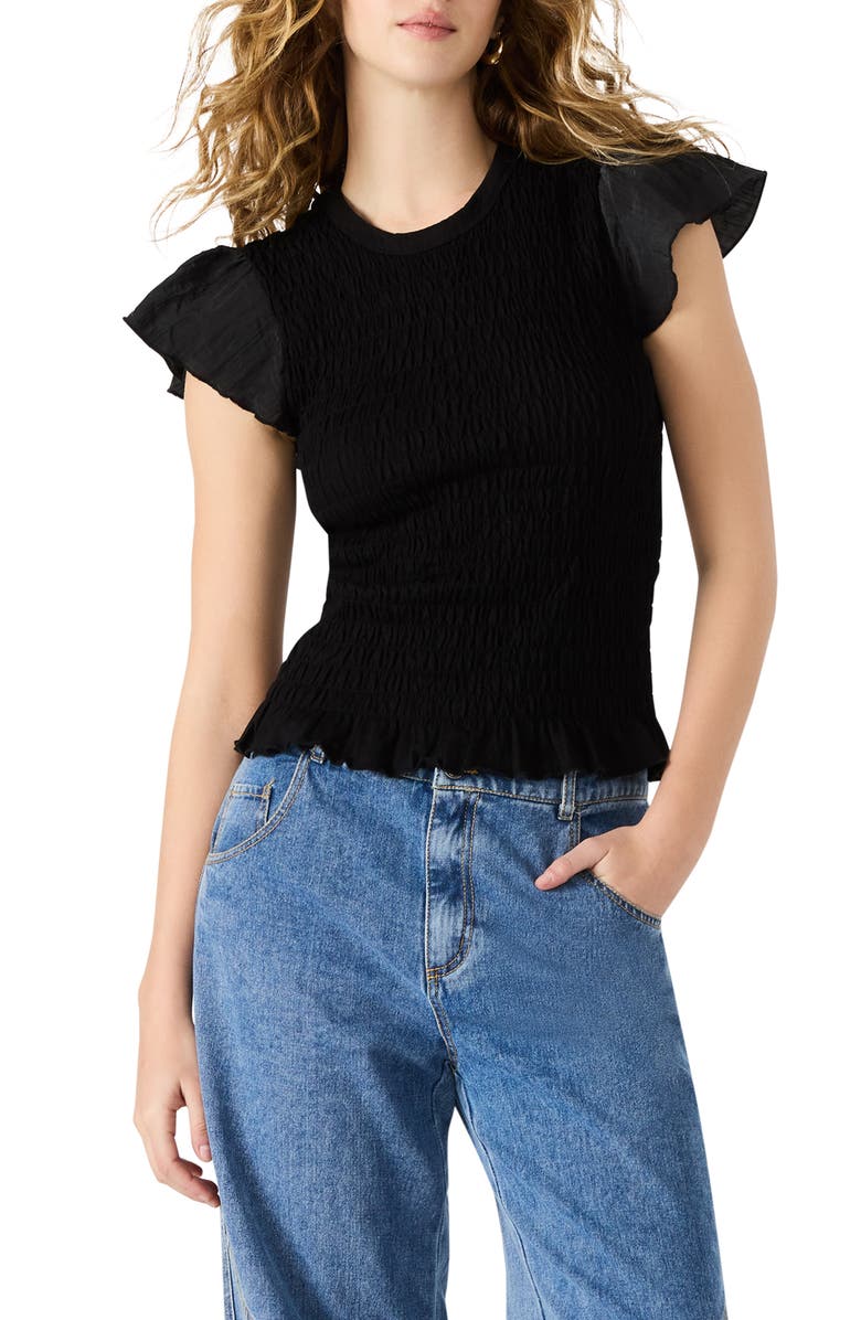 Steve Madden Cecilie Smocked Ruffle Cotton Sleeve Top, Main, color, Black
