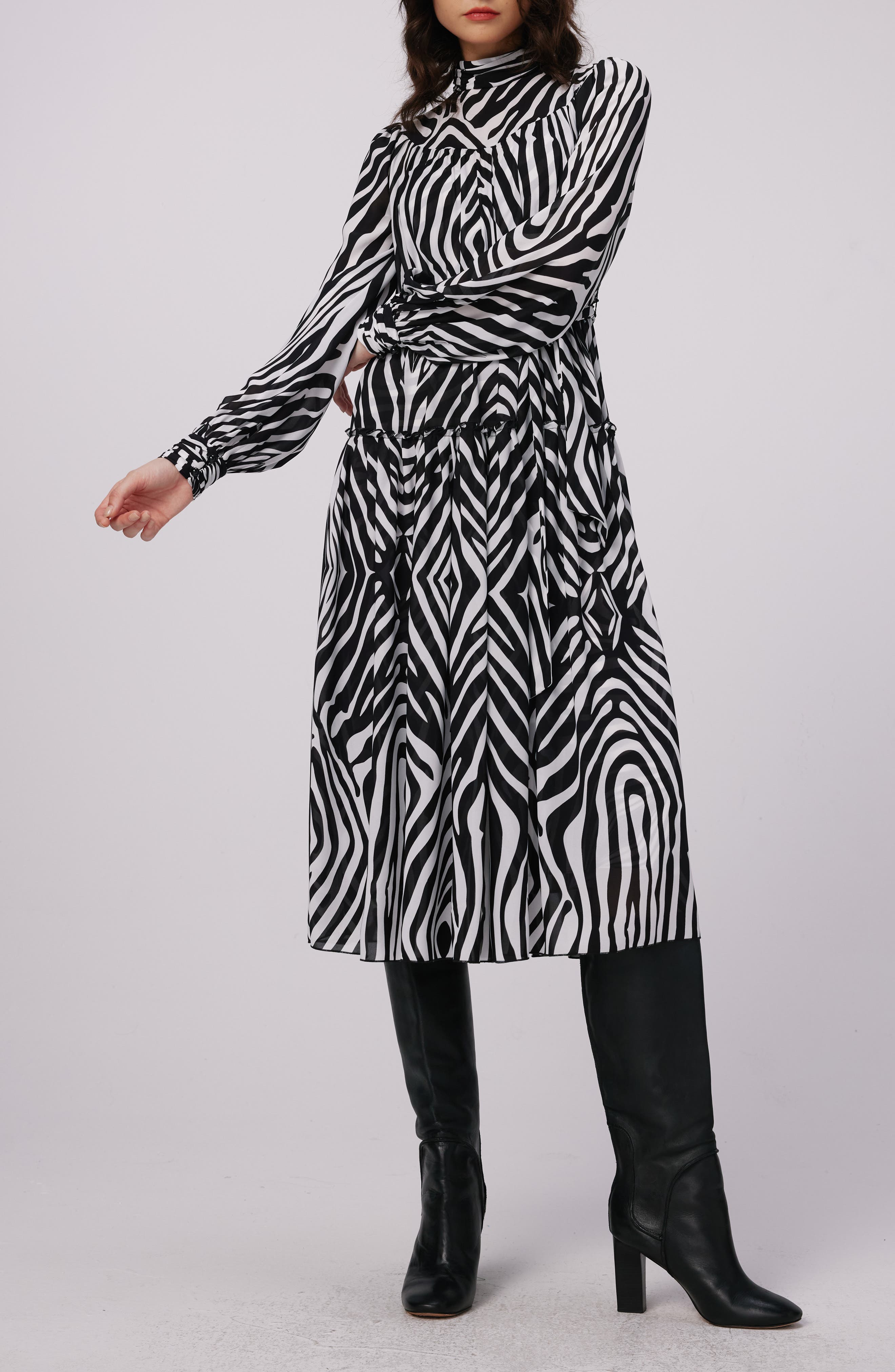 Kent Zebra Print Long Sleeve Midi Dress