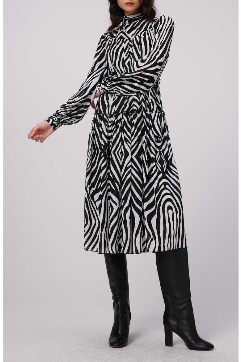 Kent Zebra Print Long Sleeve Midi Dress, Main, color, ZEBRA IVORY LG