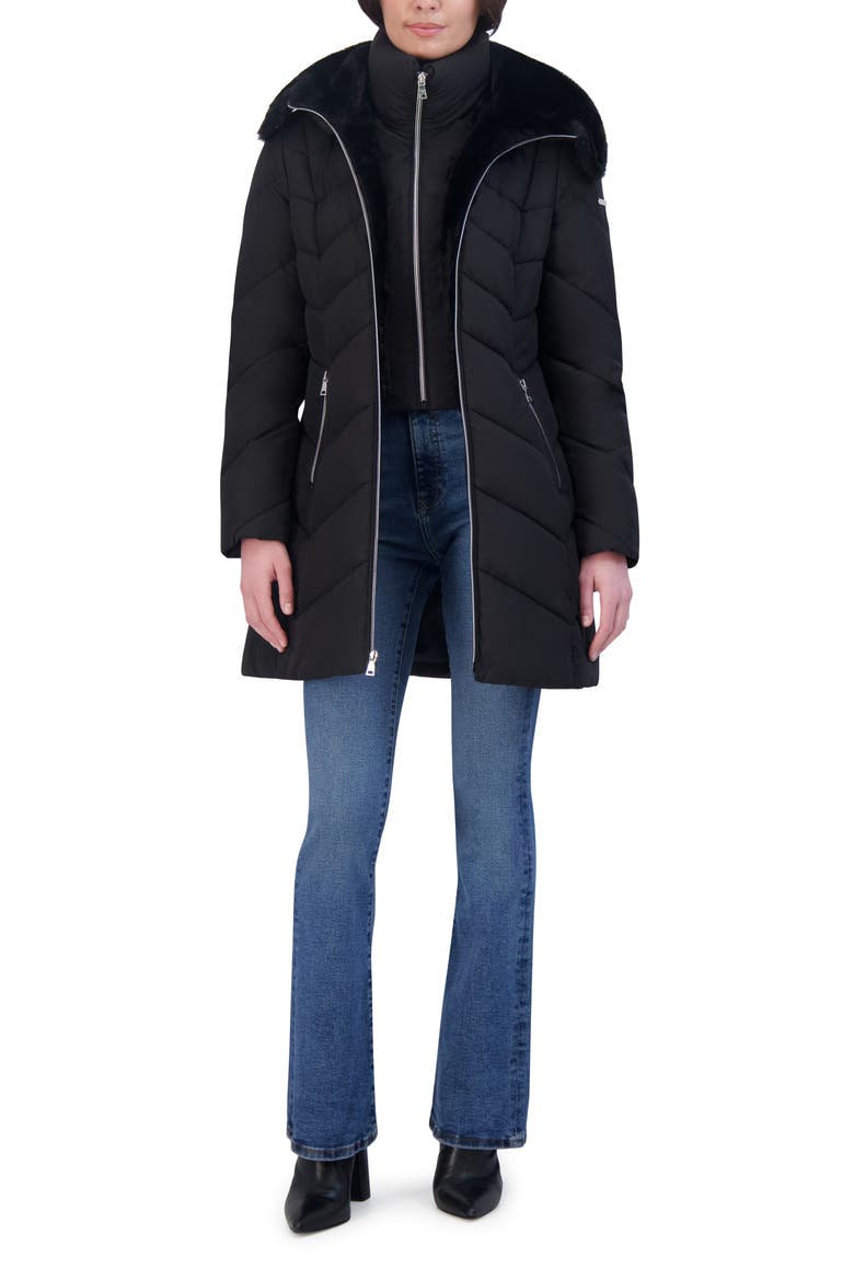 Faux Fur Trim Bibbed Puffer Jacket, Alternate, color, BLACK