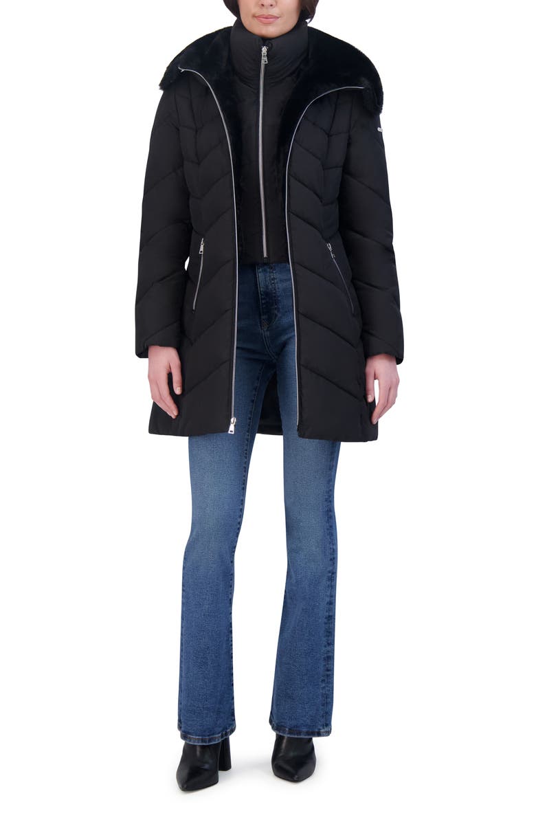 Laundry by Shelli Segal Faux Fur Trim Bibbed Puffer Jacket, Alternate, color, 