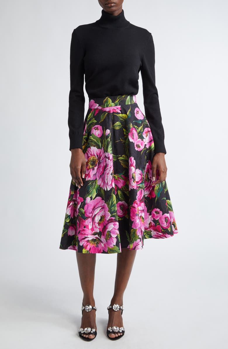 Dolce&Gabbana Peony Print Pleated Stretch Jacquard Skirt, Alternate, color, Peonie Fuxia F.nero