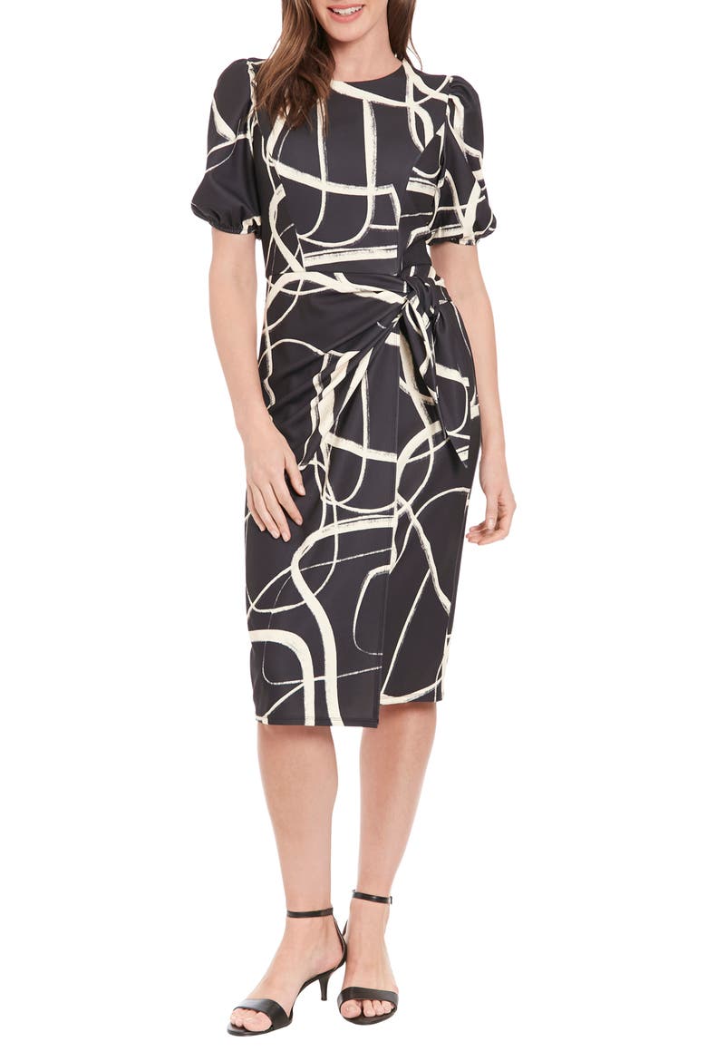 Print Side Tie Puff Sleeve Dress, Main, color, BLACK/ CREAM