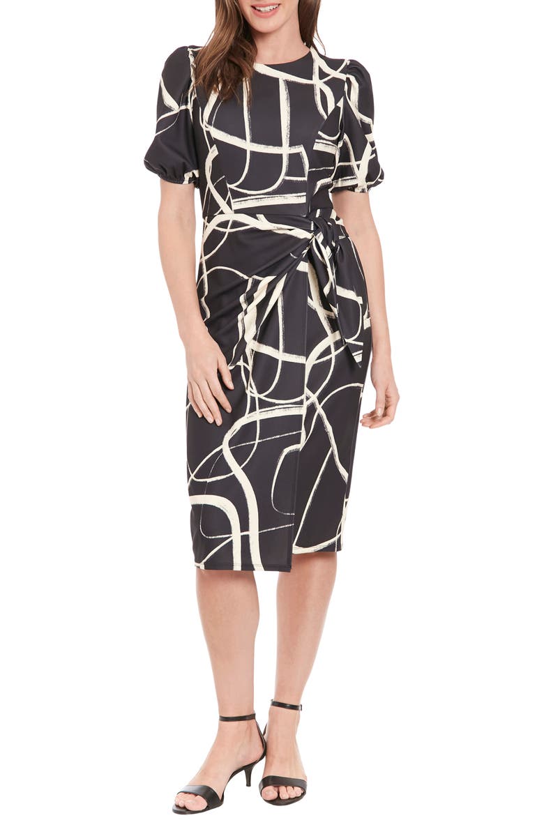 London Times Print Side Tie Puff Sleeve Dress, Main, color, Black/ Cream