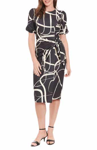 London Times Print Side Tie Puff Sleeve Dress