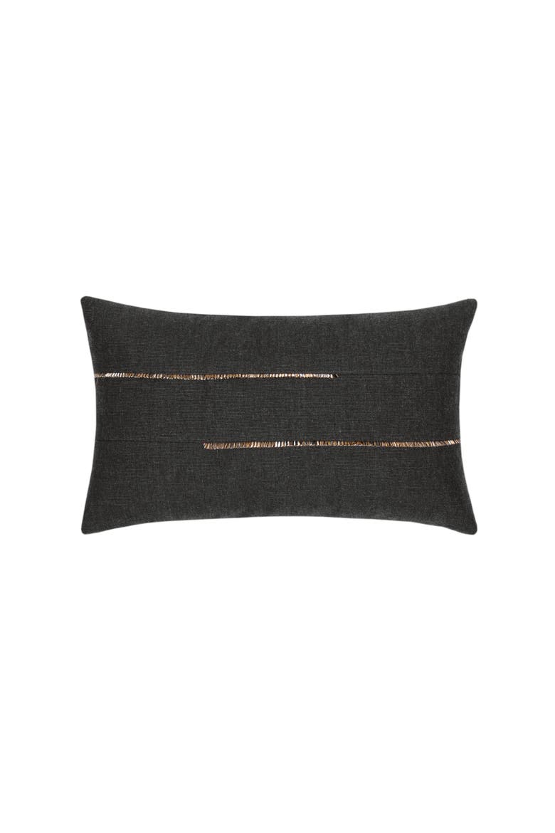 Micro Fringe Lumbar Indoor & Outdoor Woven Accent Lumbar Pillow with chenille accents, Main, color, Carbon