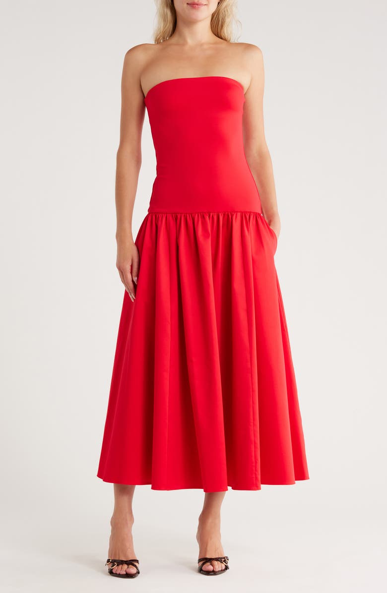 Alice + Olivia Oriana Strapless Mixed Media Maxi Dress, Main, color, Bright Ruby