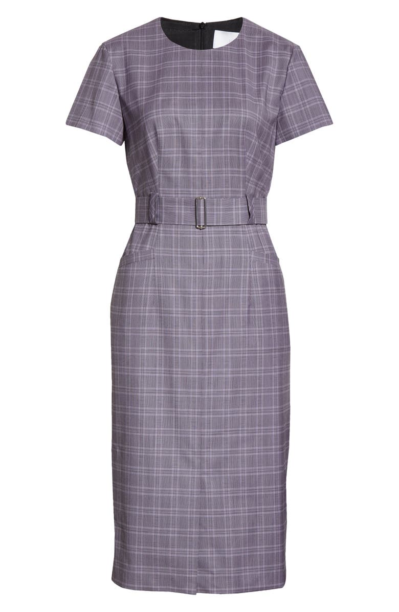 BOSS Danetty Plaid Belted Sheath Dress, Alternate, color, Lilac Fantasy