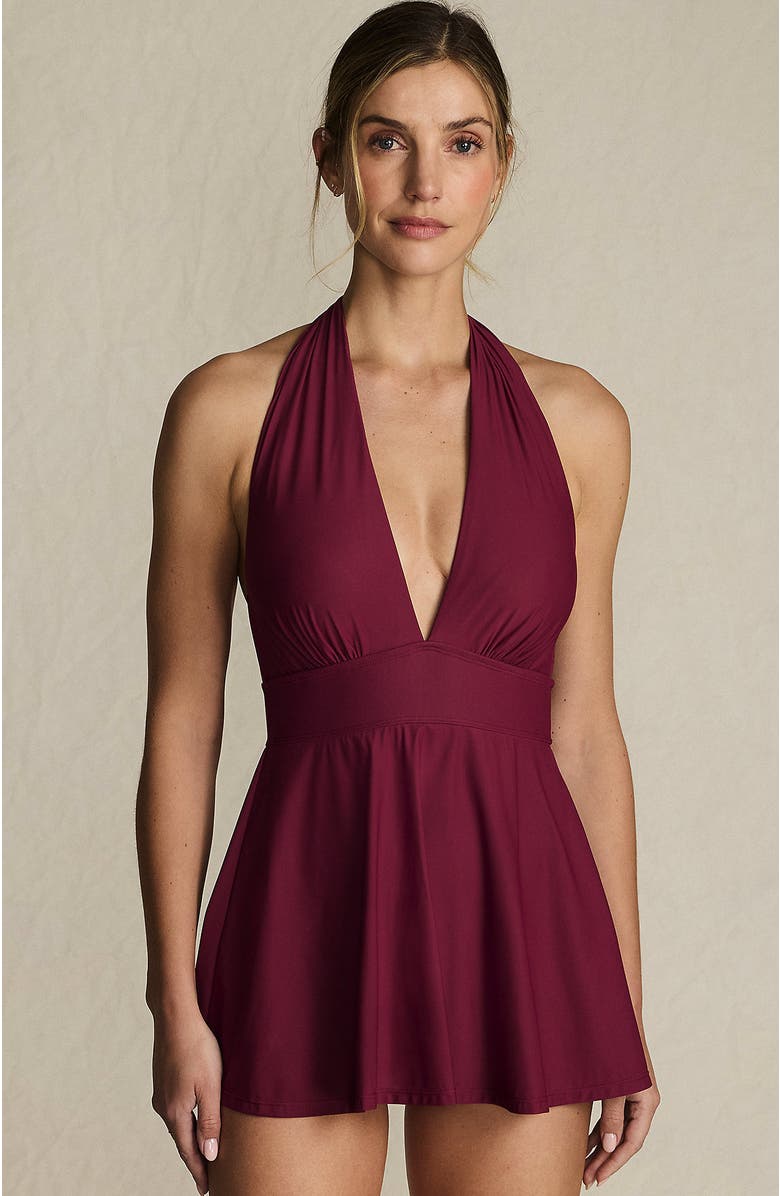 Lands' End SlenderSuit Multi Way Swim Dress One Piece Swimsuit, Alternate, color, Burgundy Spritz