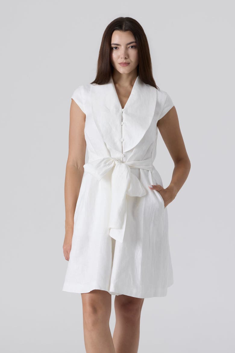 Linen Waist Tie Short Dress, Alternate, color, White