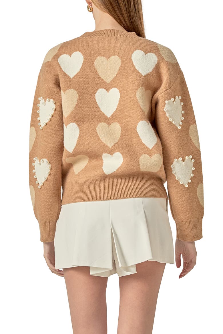 Heart Faux Pearl Embellished Crewneck Sweater, Alternate, color, TAN MULTI