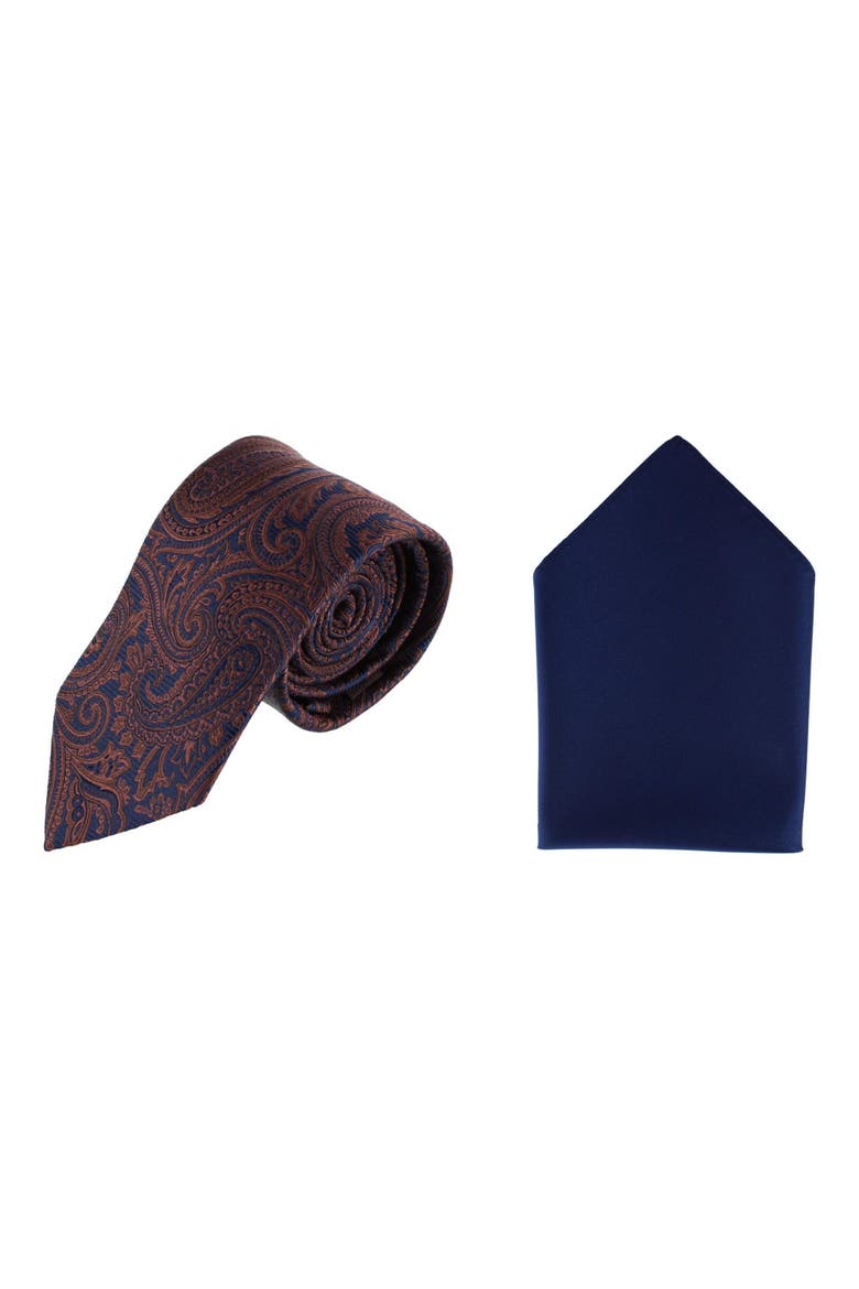 Sobee Paisley Silk Necktie & Gatsby Pocket Square Bundle, Main, color, Brown & Navy