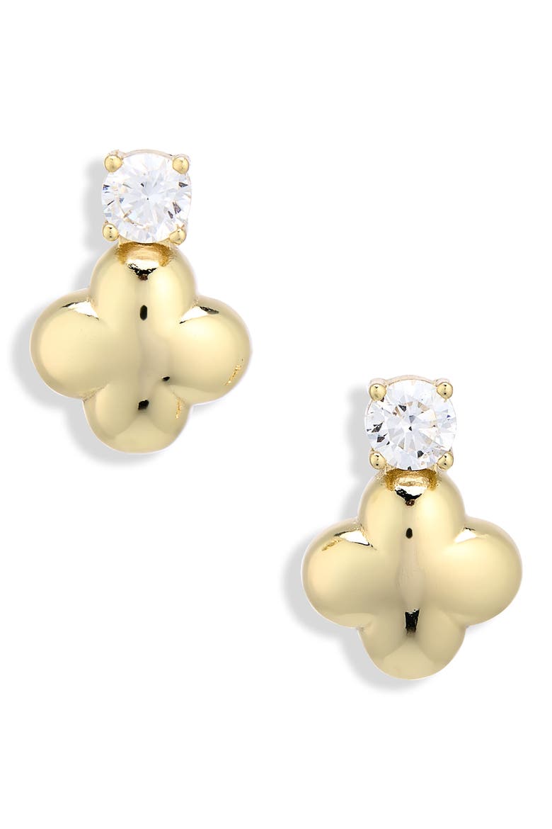 Cubic Zirconia Puffy Clover Stud Earrings, Main, color, GOLD