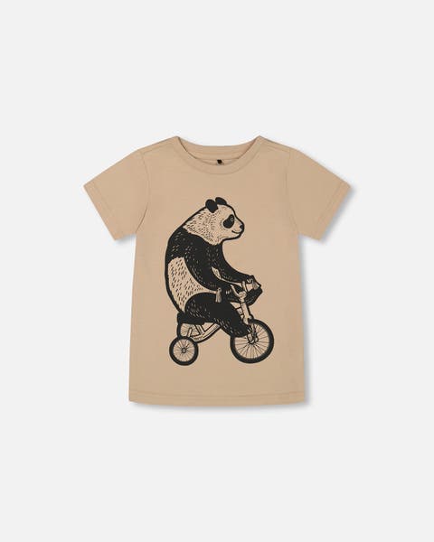 Little Boy's Organic Cotton Graphic Tee Black Panda On Beige Background