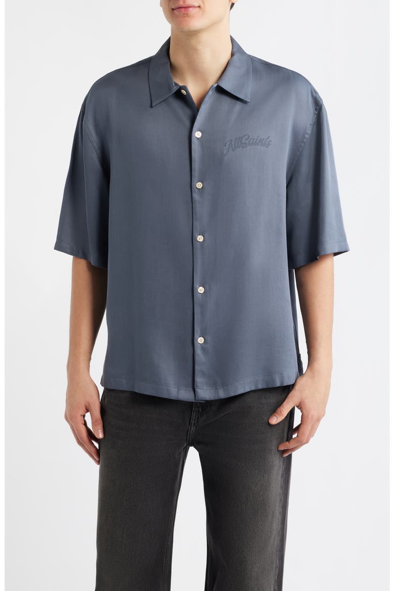 Circe Logo Graphic Oversize Short Sleeve Button-Up Shirt, Main, color, MOONSTONE BLUE
