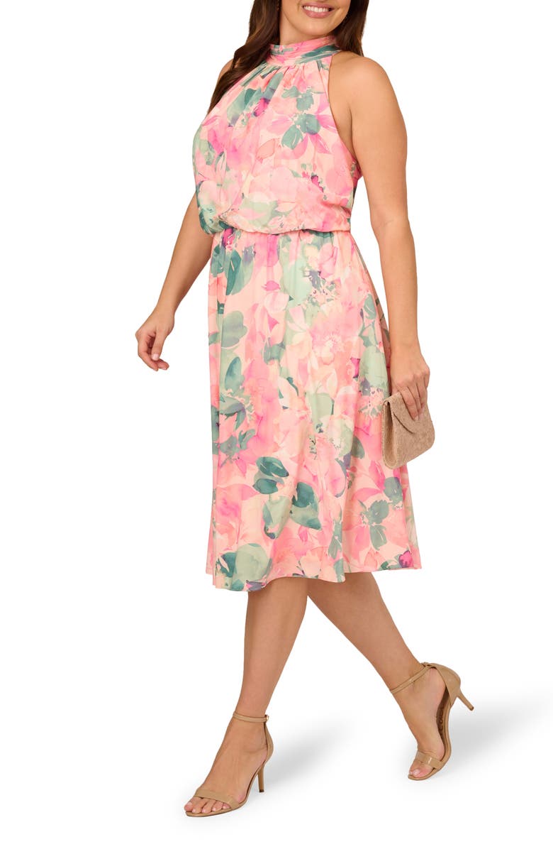 Adrianna Papell Floral Mock Neck Chiffon Cocktail Midi Dress, Alternate, color,