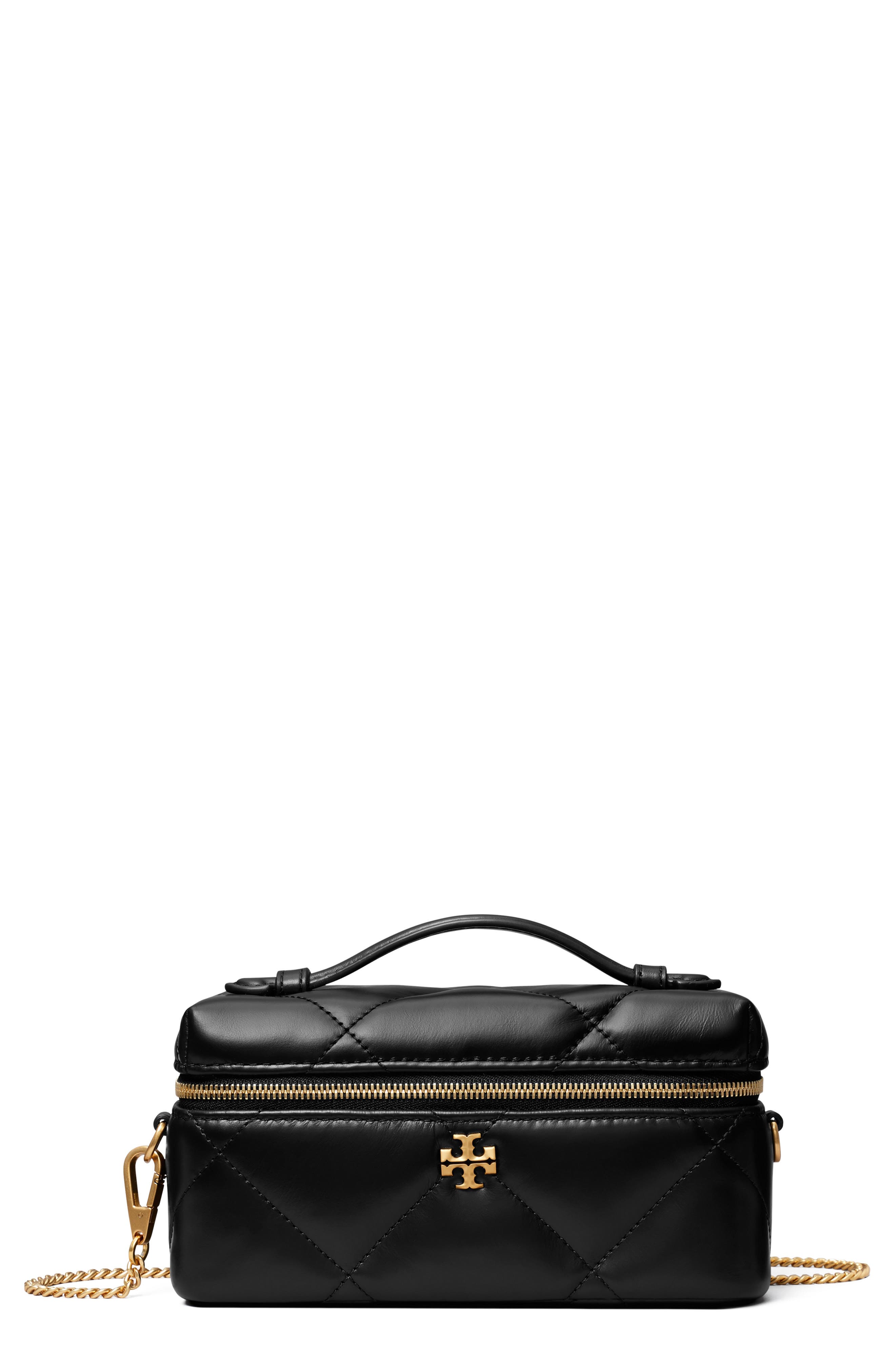 Tory Burch Kira Diamond Quilted Charm Leather Vanity Train Case, Main, color, Black