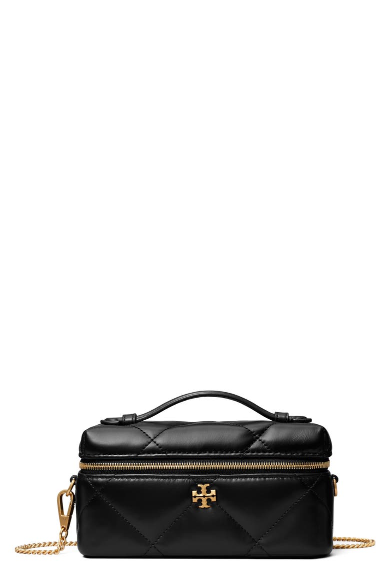 Kira Diamond Quilted Charm Leather Vanity Train Case, Main, color, BLACK