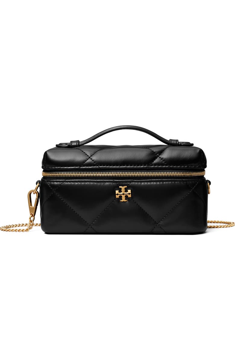 Tory Burch Kira Diamond Quilted Charm Leather Vanity Train Case, Main, color, Black