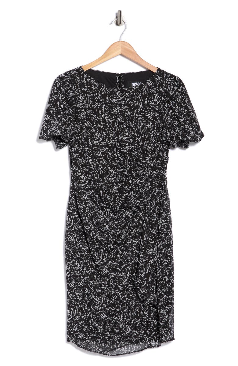 DKNY Ruched Puff Sleeve Faux Wrap Dress, Alternate, color, Black Multi