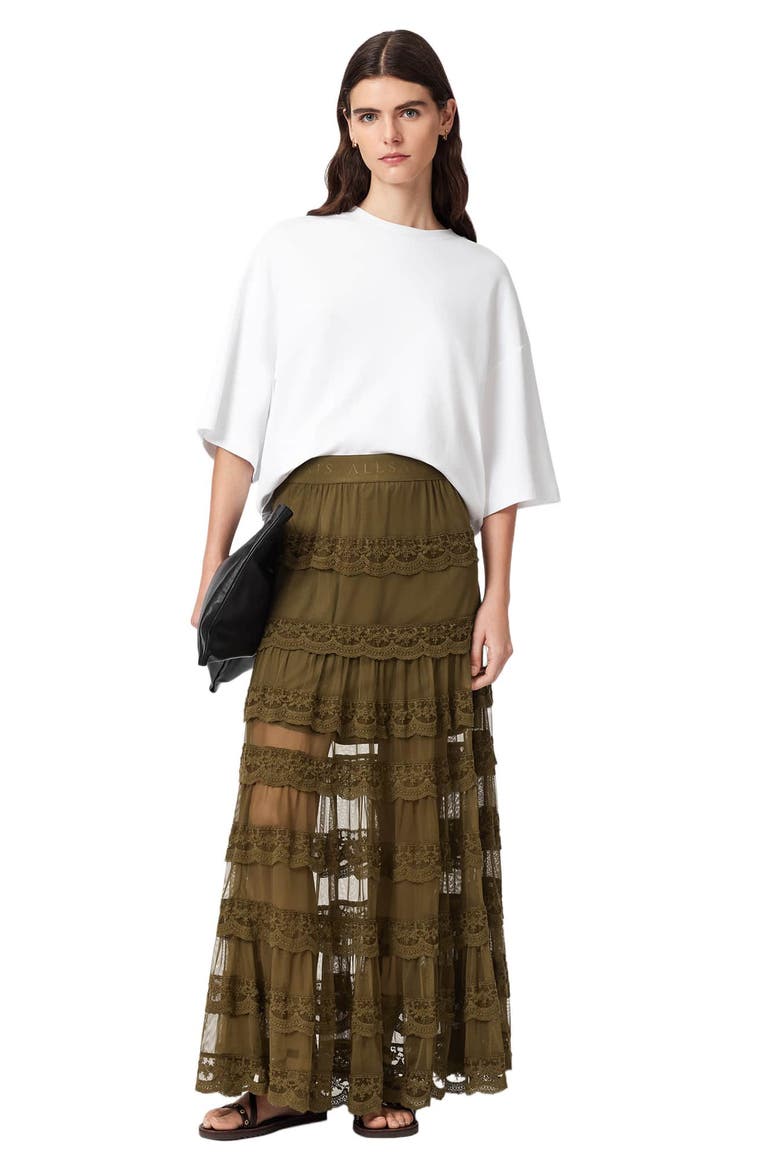 Maggie Lace Ruffle Maxi Skirt, Alternate, color, OLIVE KHAKI GREEN