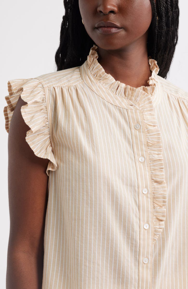 Caslon<sup>®</sup> Ruffle Sleeve Cotton Blend Top, Alternate, color, Tan-White Penny Stripe