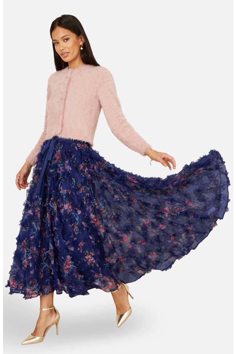 Floral Ruffle Mesh Midi Skirt, Alternate, color, Navy
