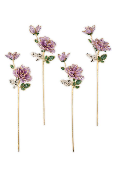Purple Rose Beaded Flower Stems