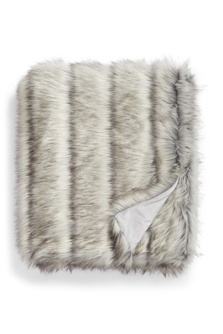 Luxe Faux Fur Stripe Throw Blanket, Main, color, GREY FROST MULTI