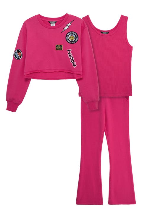 Kids' Appliqué Sweatshirt, Tank & Flare Leg Sweatpants Set (Big Kid)