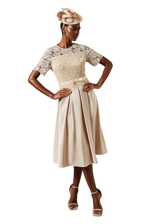 Lace And Crepe Full Skirted Midi Dress