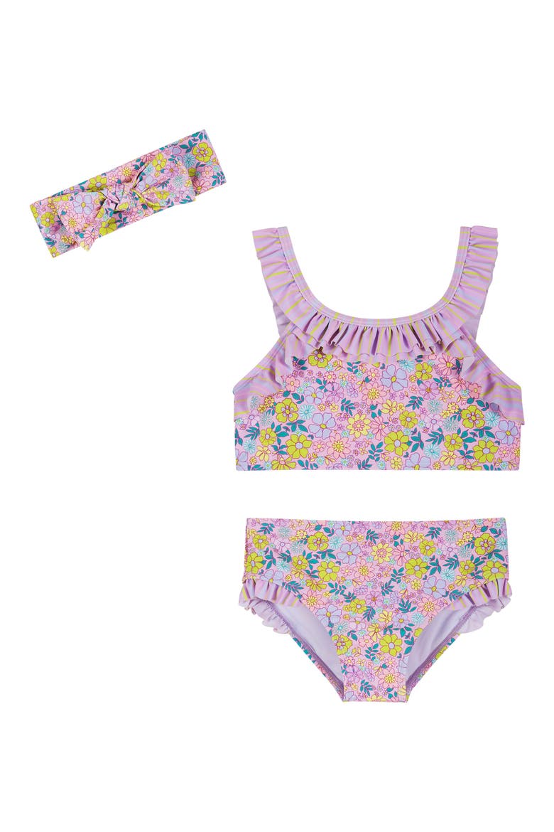 Kids' Floral Ruffle Two-Piece Swimsuit & Headband Set, Main, color, PURPLE FLORAL