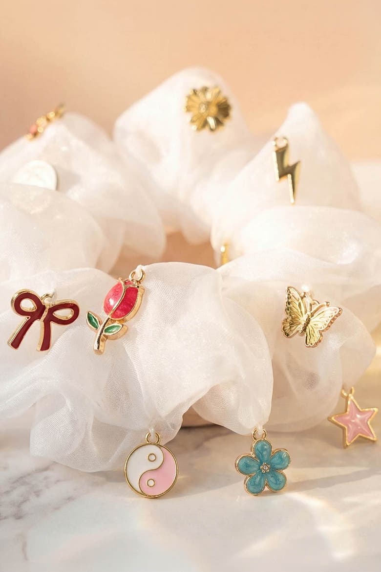 Oversized Organza Scrunchie with Charms - White, Alternate, color, White