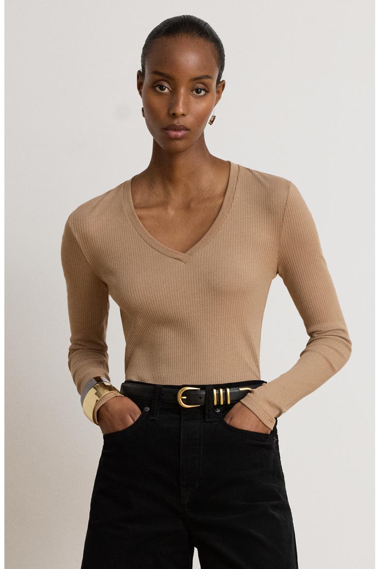 Rib Long Sleeve V-Neck Top, Alternate, color, CAMEL BEIGE
