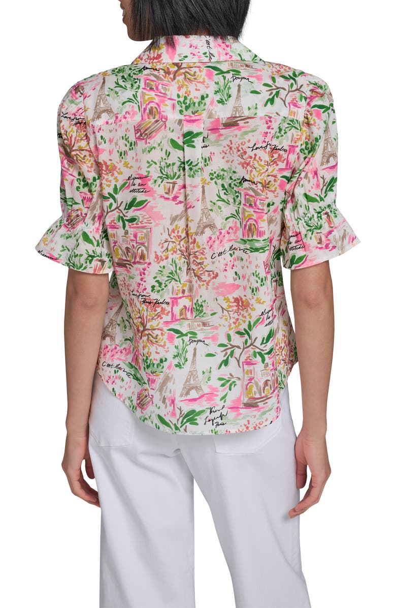 KARL LAGERFELD PARIS Print Puff Sleeve Shirt, Alternate, color, Soft White/ Pink Carnation