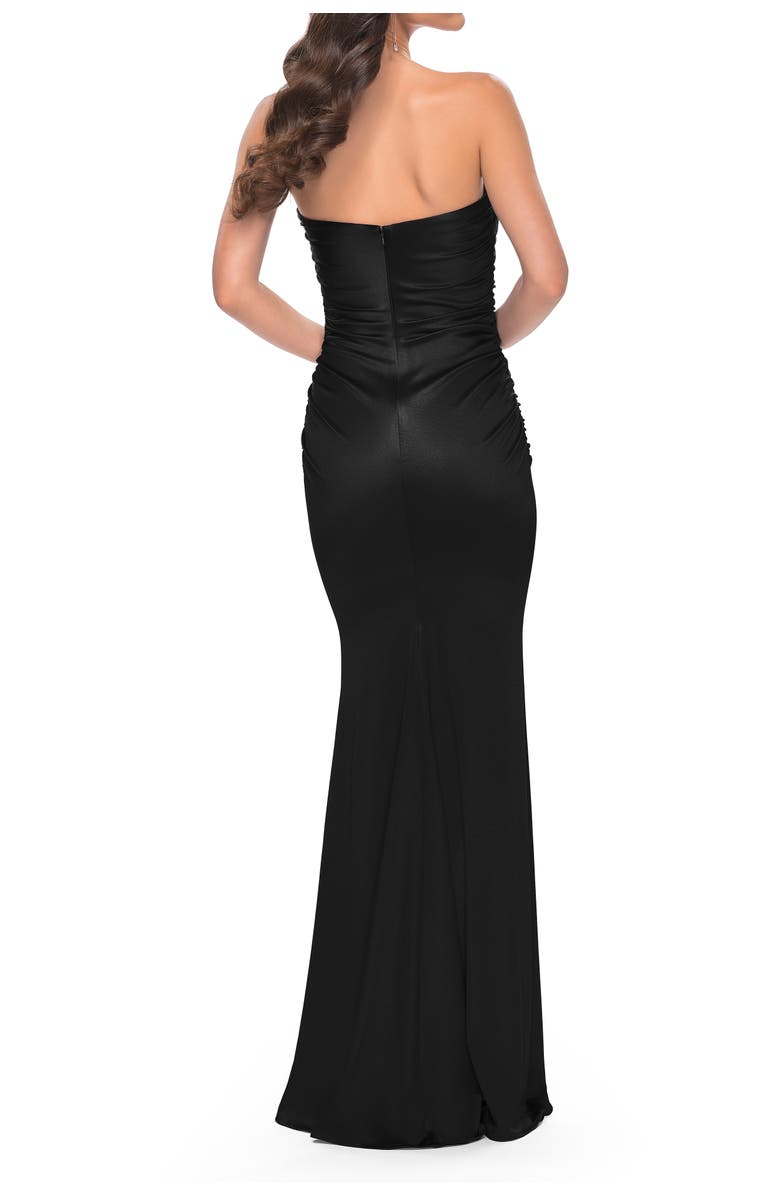 La Femme Strapless Stretch Satin Dress with Ruching, Alternate, color, Black