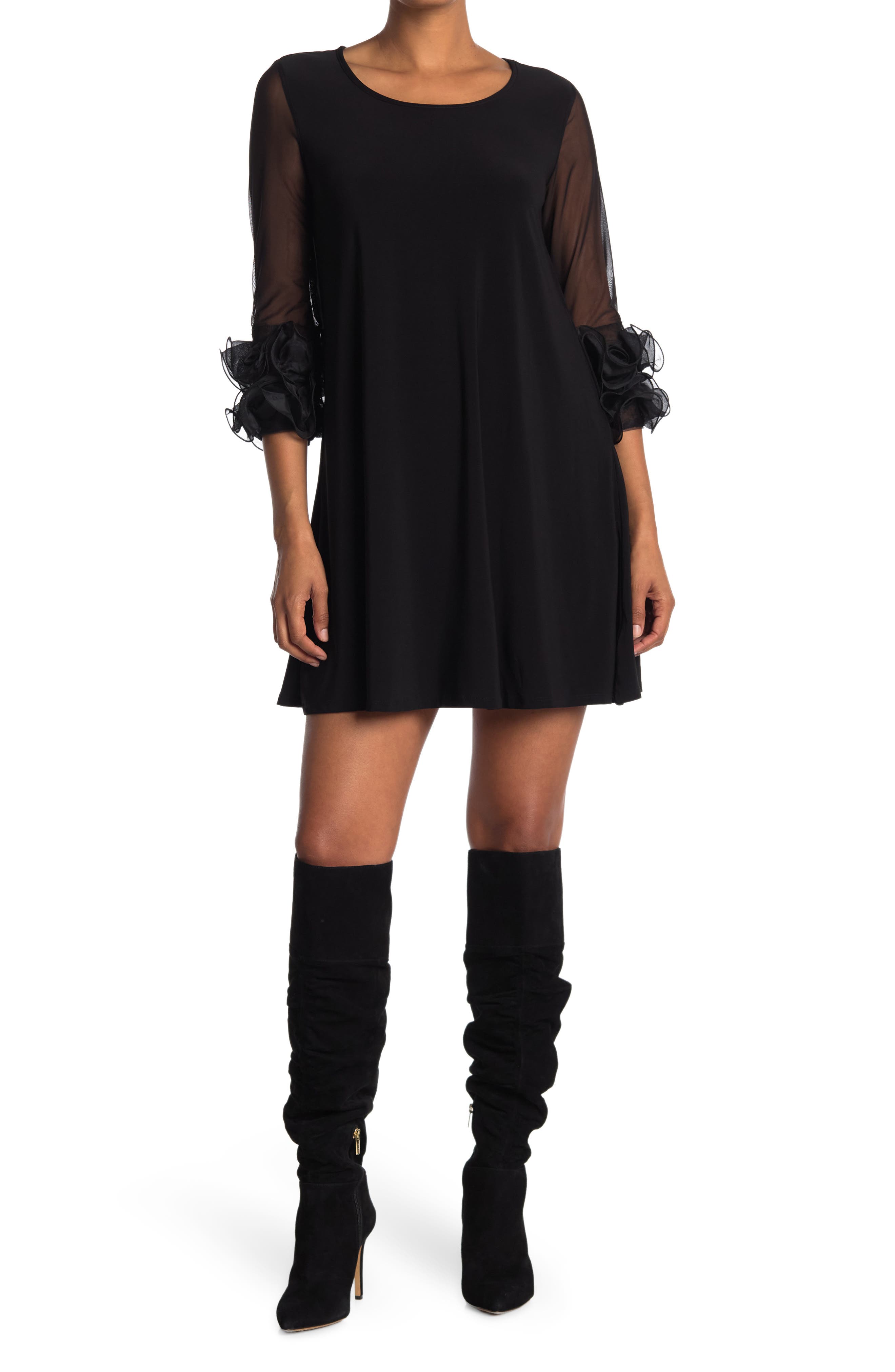 Nina Leonard Ruffle Mesh Sleeve Dress
